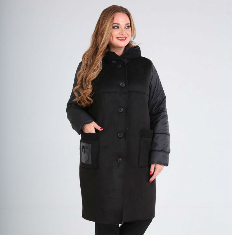Комбинированное пальто с накладным карманами, черное