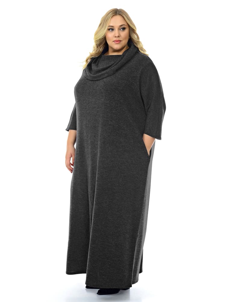 Длинное меланжевое платье с объемным воротником, темно-серое