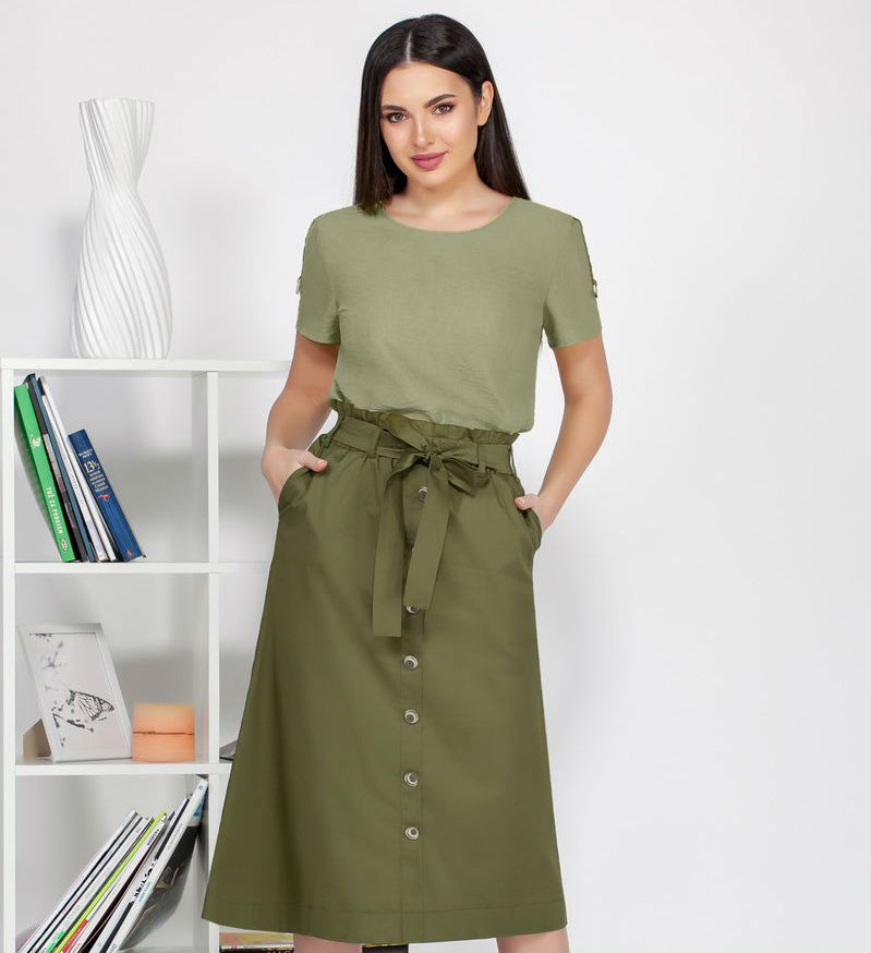 Комплект из юбки с имитацией застежки и блузки, зеленый