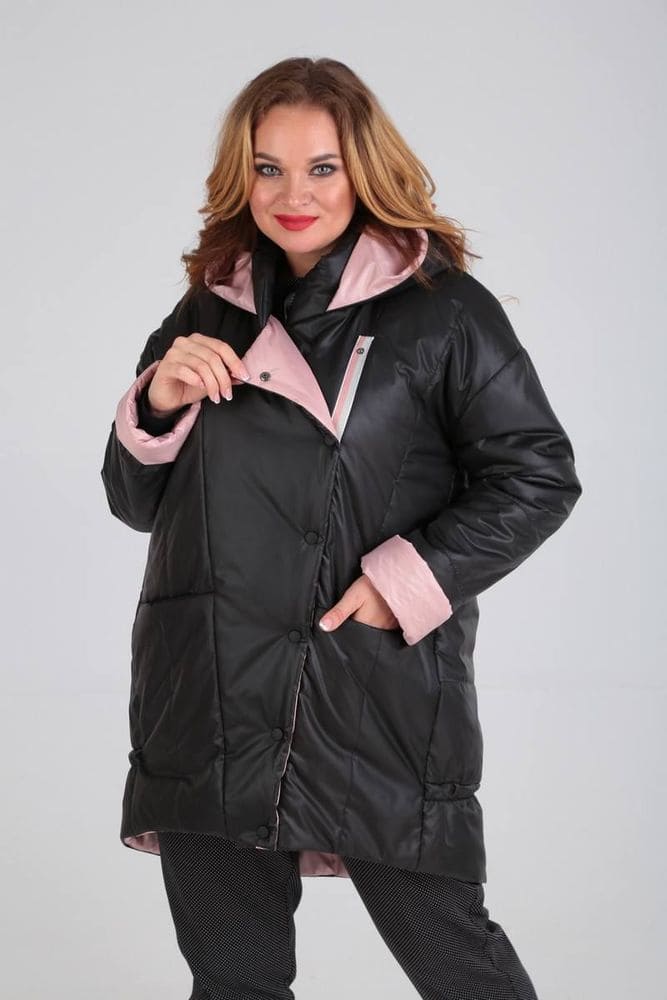 Куртка с перепадом длины и капюшоном, черная с розовым