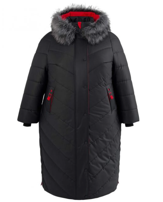 Зимнее стеганое пальто с эко-мехом чернобурки на капюшоне, черное с красным