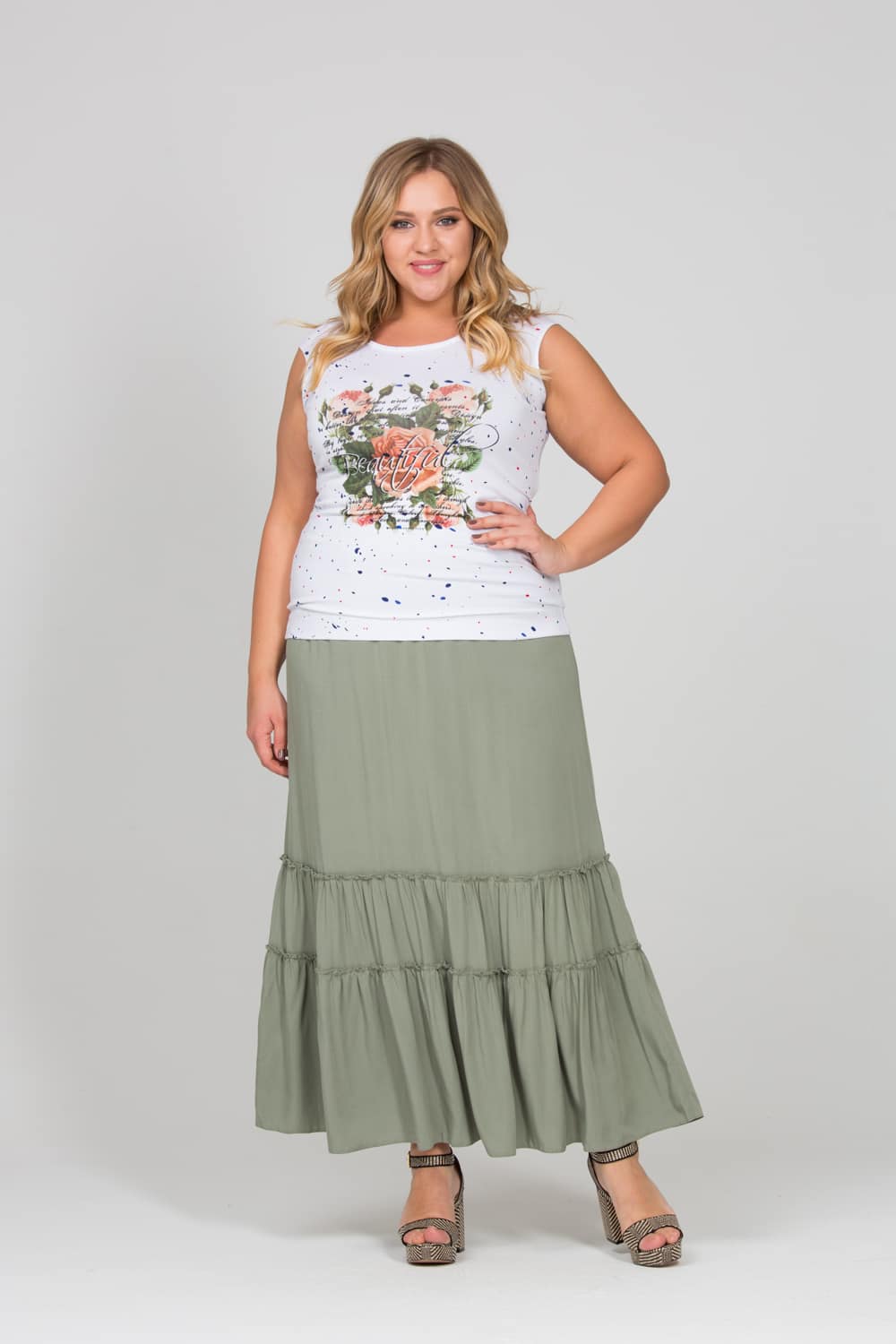 Длинная расклешенная юбка с двухярусным воланом, оливковая