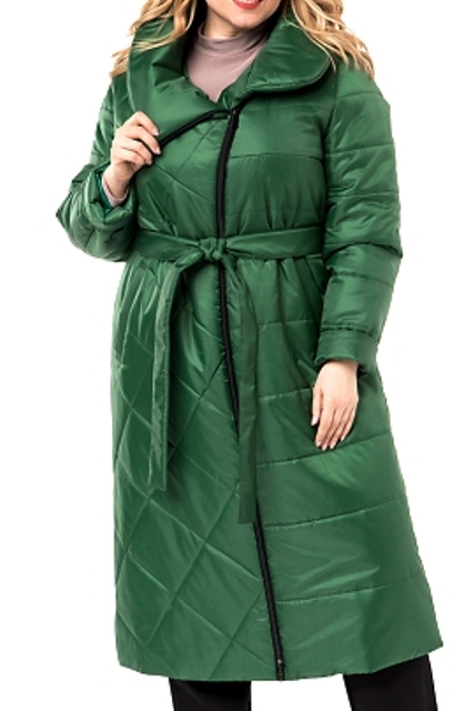 Прямое пальто на молнии с поясом, зеленое