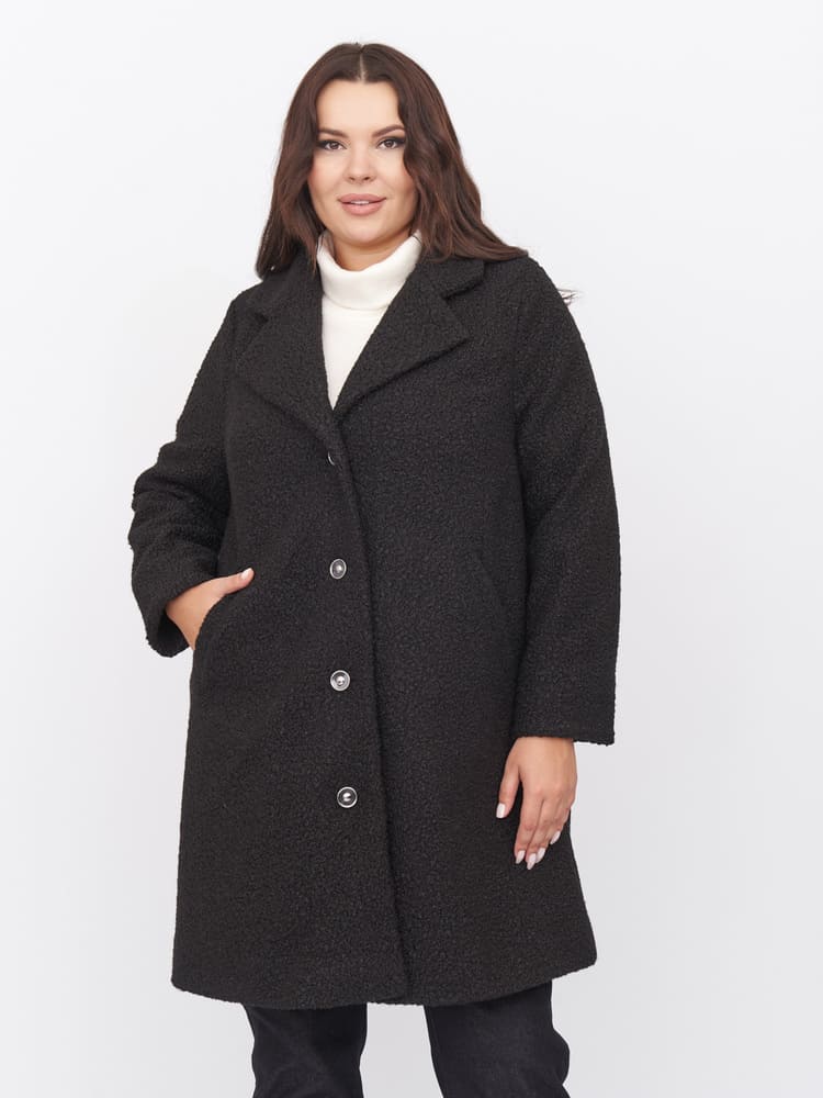 Буклированное пальто с отложным воротником, черное