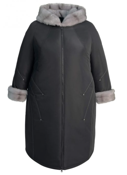 Длинное зимнее пальто с декором и эко-мехом норки, черное