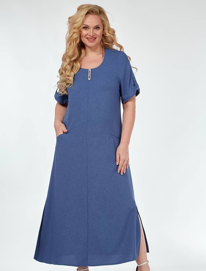 Длинное платье с карманами и патой на рукаве, синее