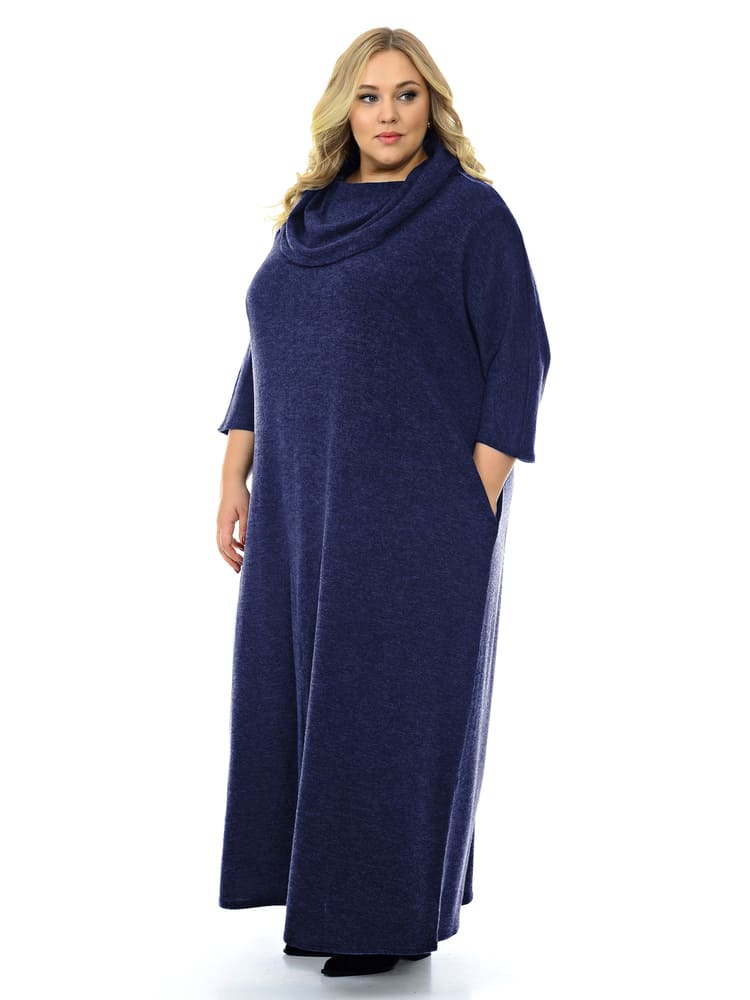 Длинное меланжевое платье с объемным воротником, синее