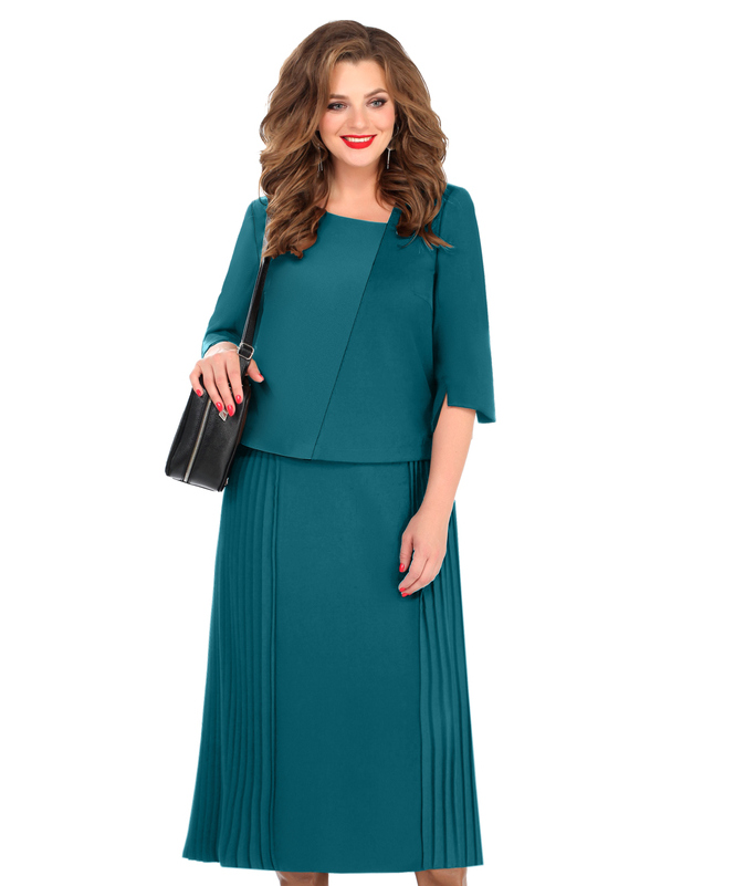 Комплект из прямой юбки и блузы с поясом, зеленый
