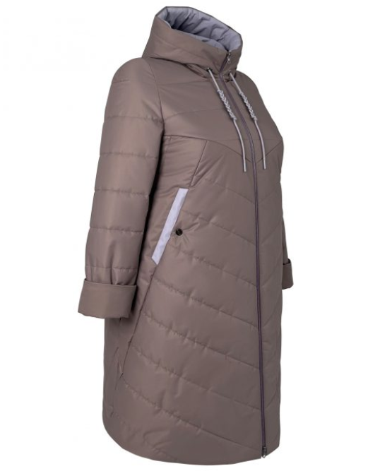 Демисезонное пальто с капюшоном и лавандовой отделкой, капучино
