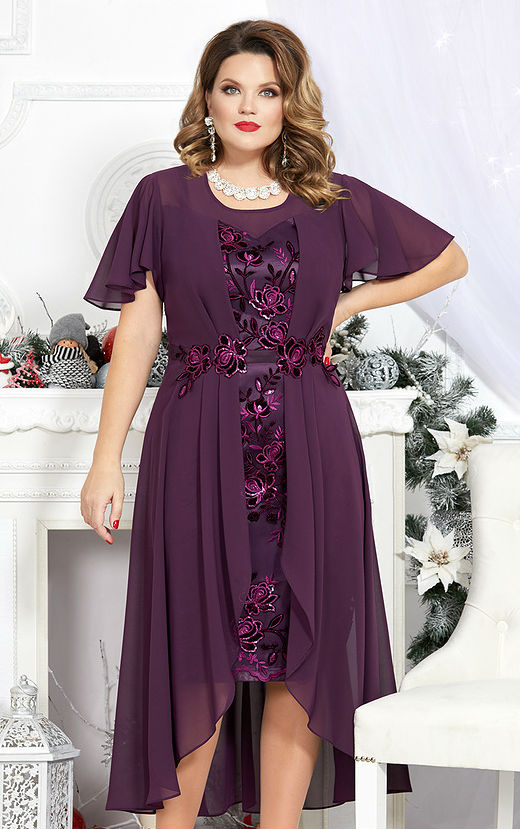 Вечернее виноградное платье с вышивкой и шифоном