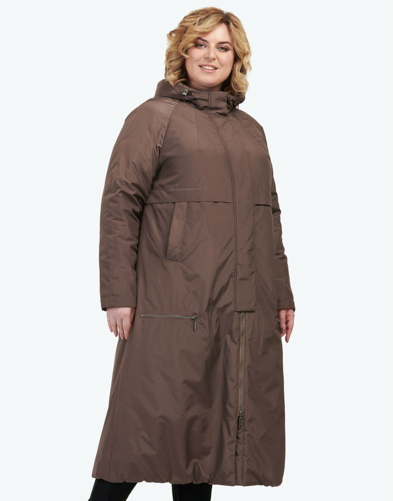 Длинное демисезонное пальто с капюшоном, коричневое