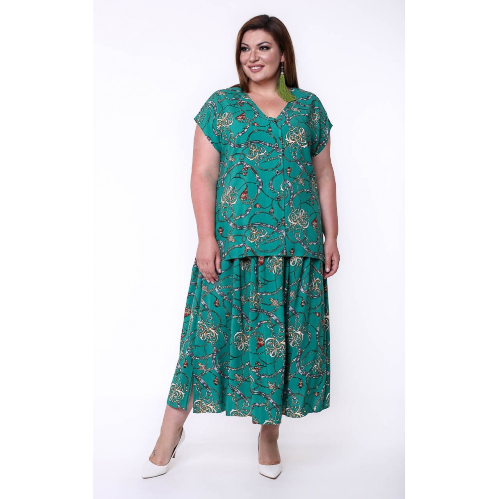 Комплект из расклешенной юбки и приталенной блузки, зеленый