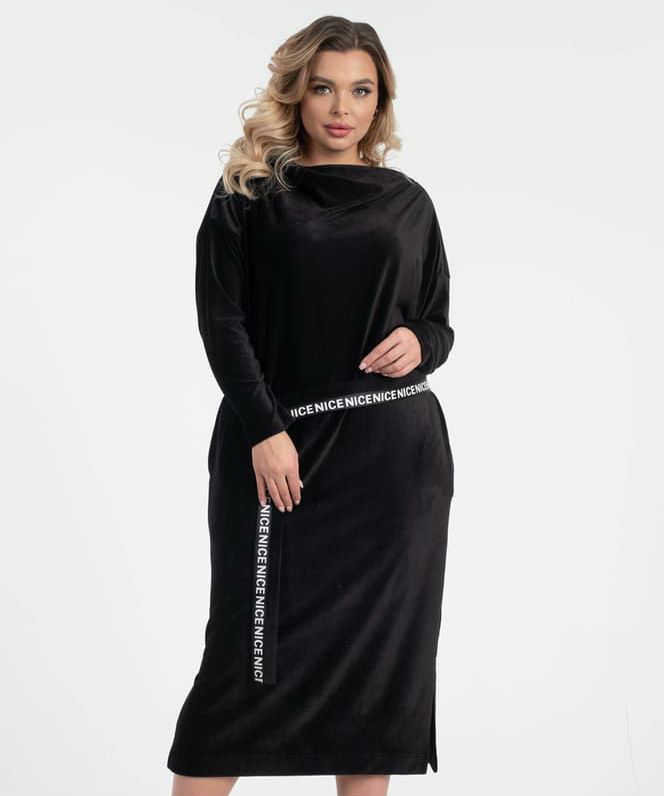 Прямое вельветовое платье с поясом, черное