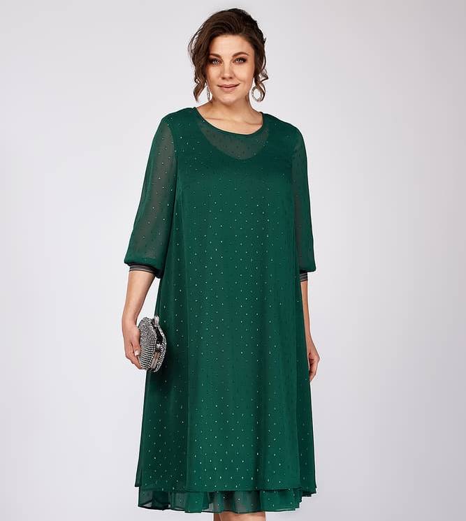 Шифоновое платье с тесьмой на рукаве, зеленое