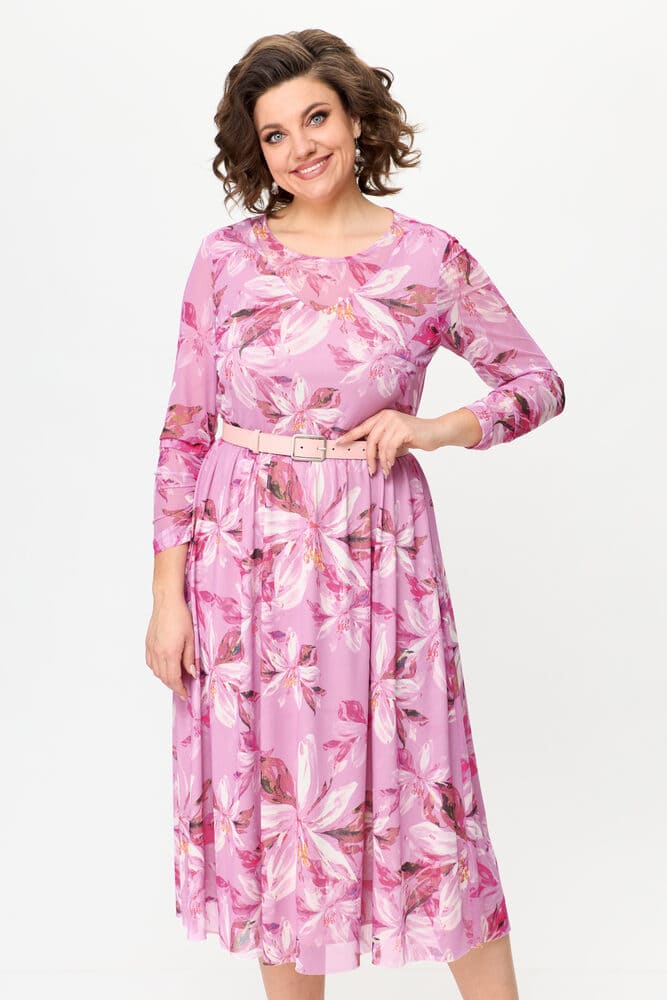 Отрезное платье из сетки с ремнем, розовое