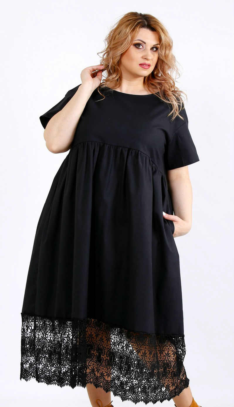 Чёрное льняное платье с кружевом-макраме