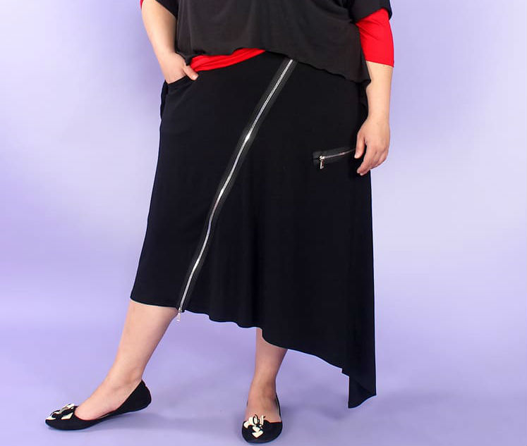 Асимметричная трикотажная юбка с молниями, черная