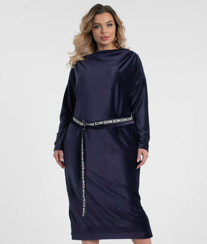 Прямое вельветовое платье с поясом, темно-синее