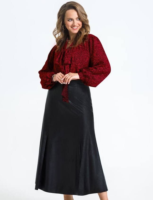 Комплект из кожаной юбки с разрезами и блузки, черный с красным