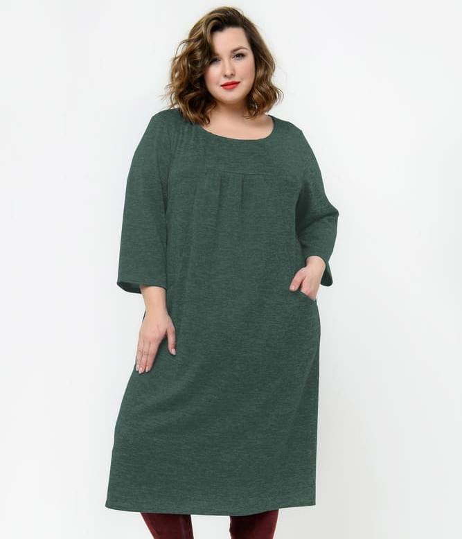 Прямое меланжевое платье с карманами, зеленое