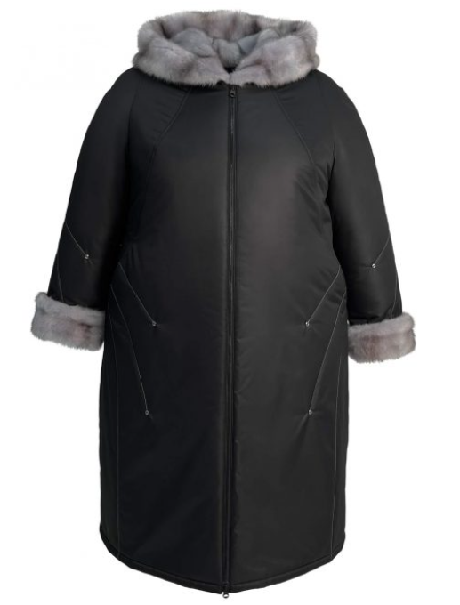 Зимнее пальто с эко-мехом норки и декором, чёрное