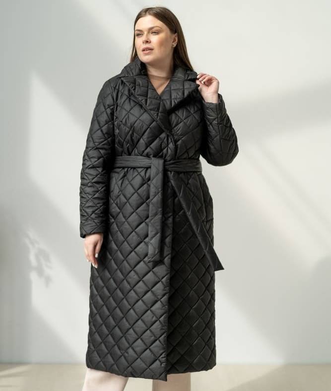 Длинное прямое пальто с поясом, черное