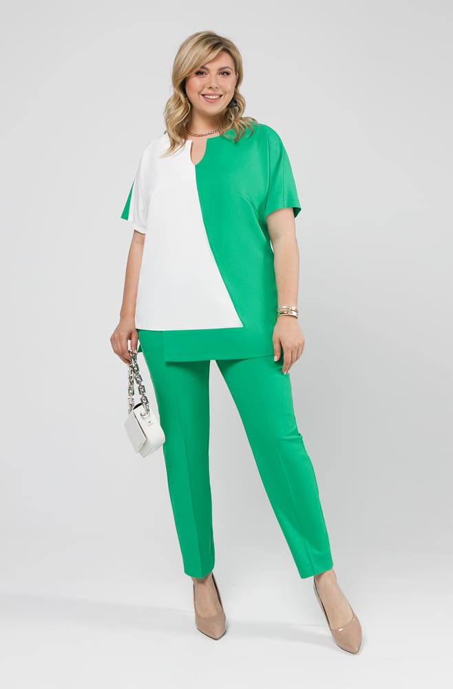 Комплект из брюк и двухцветной туники, зеленый с белым