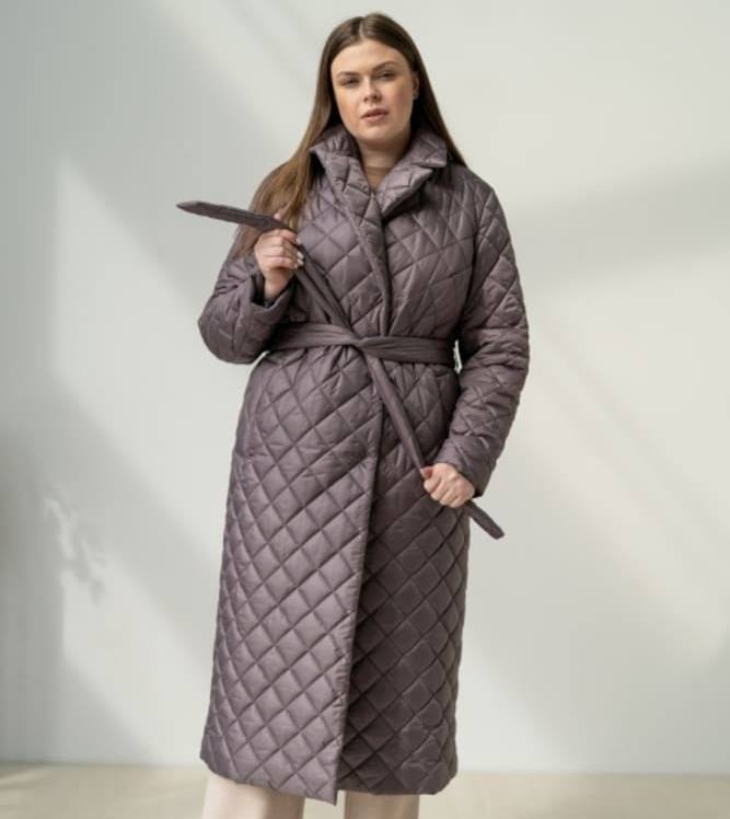 Длинное прямое пальто с поясом, фиолетовое