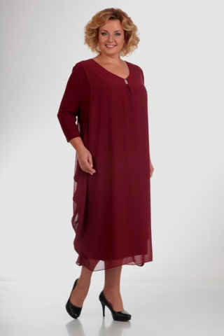 Длинное шифоновое платье с декоративным элементом, вишня