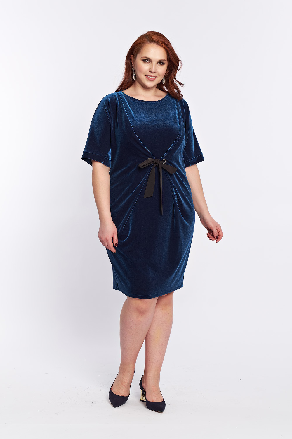 Платье с декоративными складками и лентой, синий
