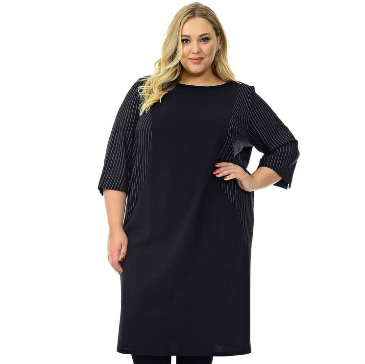 Платье с однотонными вставками и карманами, черное с полоской