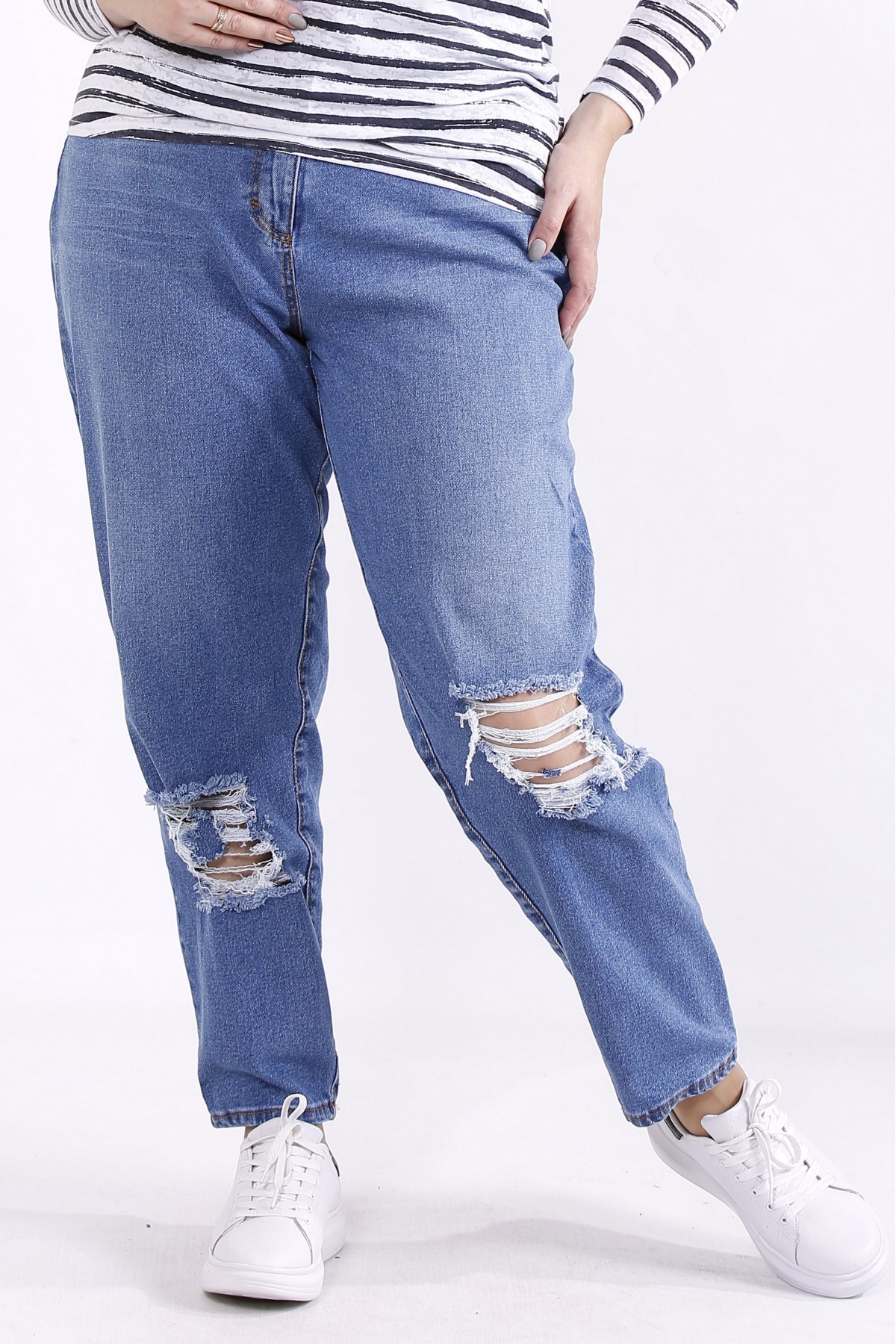 Голубые модные джинсы до 74 размера, рваные на коленях