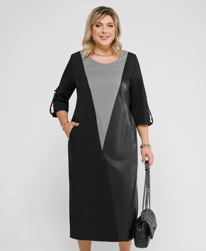 Длинное комбинированное платье с карманами, черное