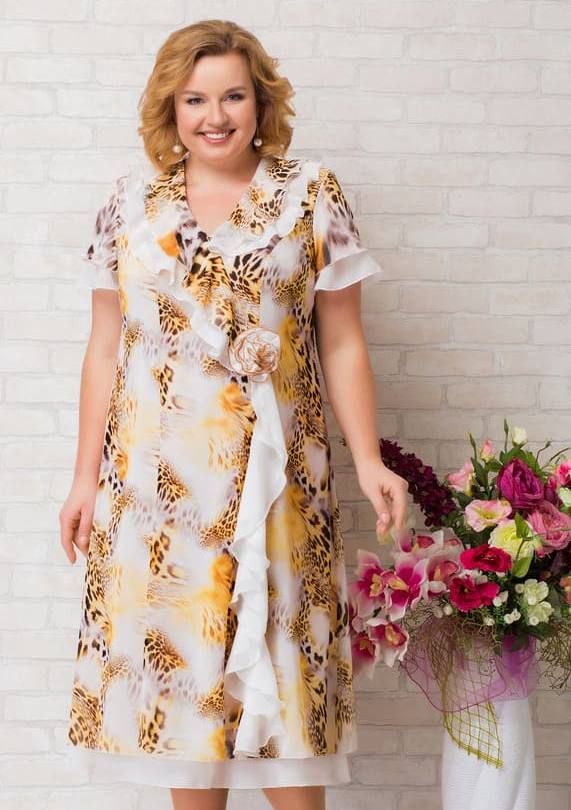 Расклешенное шифоновое платье с имитацией запаха, леопард