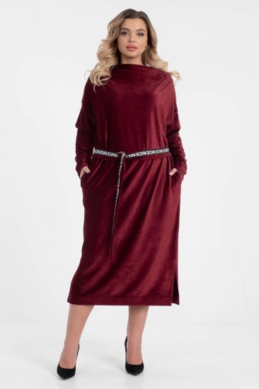 Прямое вельветовое платье с поясом, бордо
