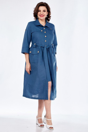 Льняное платье-рубашка с поясом, синее