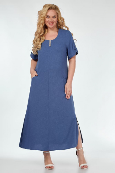 Длинное платье с карманами и патой на рукаве, синее