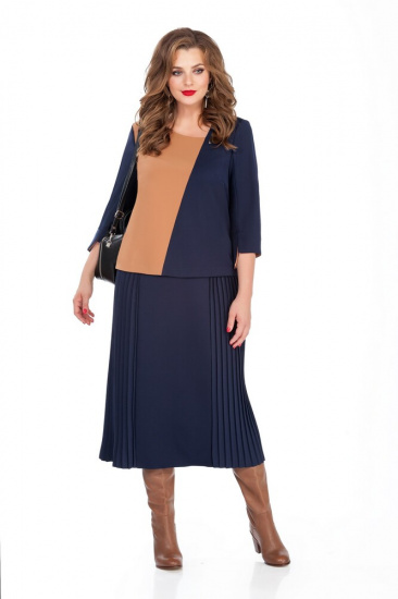 Комплект из прямой юбки и двухцветной блузы с поясом, темно-синий