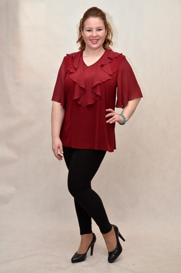 Блуза с укороченным рукавом и шифоновым декором, бордо