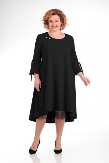 Трикотажное платье с перепадом длины и кружевом, черное