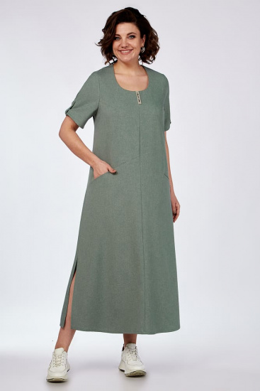 Длинное платье с карманами и патой на рукаве, серо-зеленое