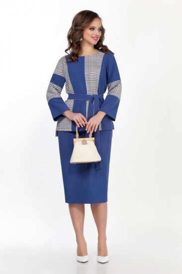 Комплект из юбки и комбинированной блузки с поясом, синий