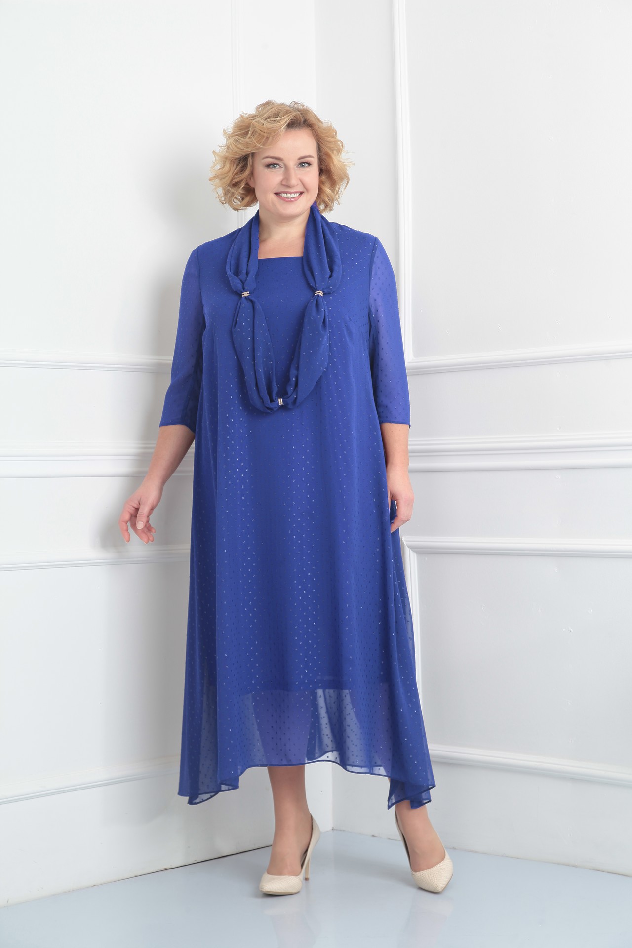 Асимметричное шифоновое платье со съемным воротником, синее