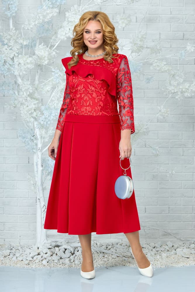 Комбинированное платье с фигурным воланом на груди, красное